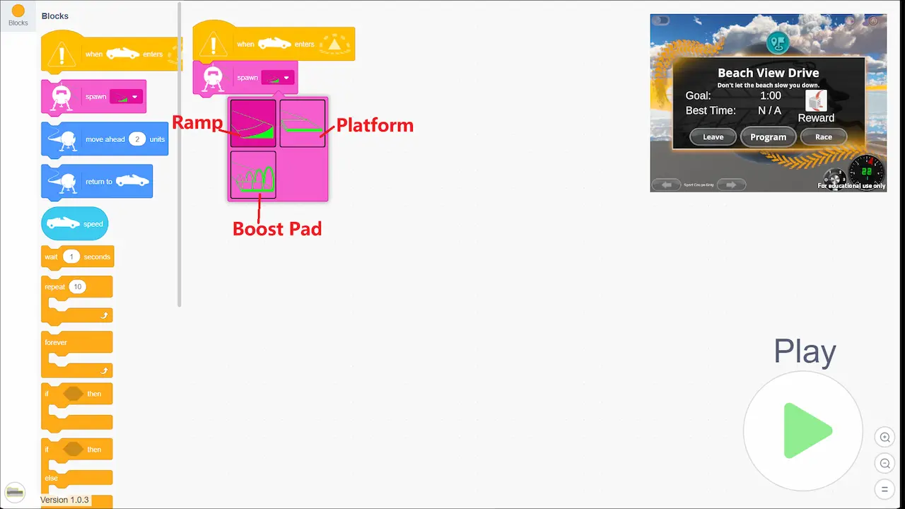 Acceleration City visual programming interface — Cobot trigger and spawn logic
